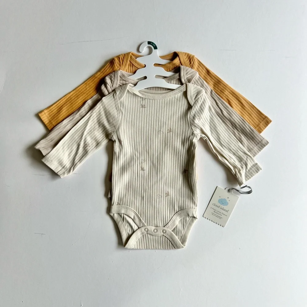 2 Cloud Island 3pc Ribbed Cream and Tan Baby Bodysuit Set Long Sleeve Bird Print - Picture 2 of 13